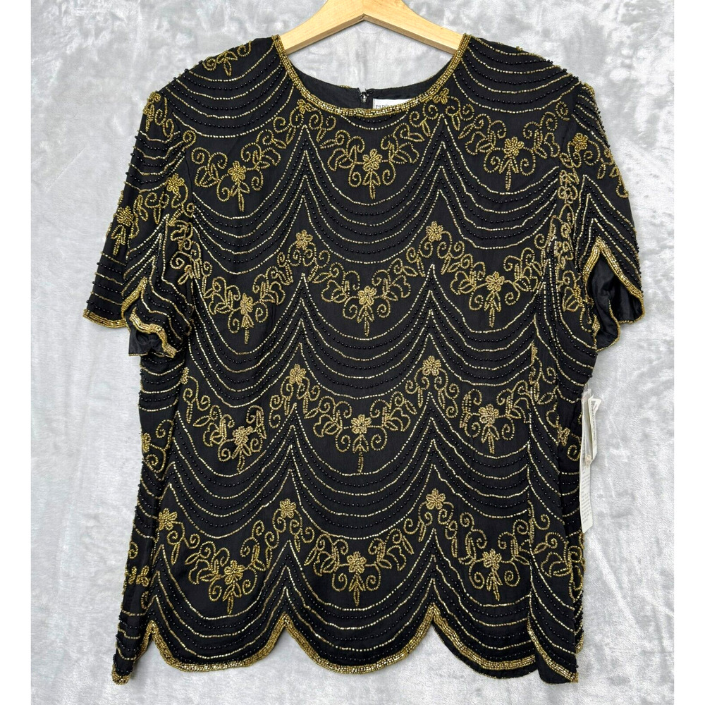 Papell Boutique Evening Womens 3X Black Gold Beaded 100% Silk NEW Formal Party